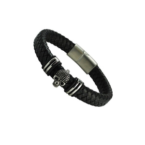 Skull Charm Braided Leather Bracelet With Magnetic Clip