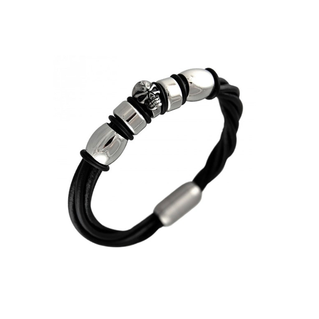 Skull and Steel Charm Braided Leather Cord Bracelet