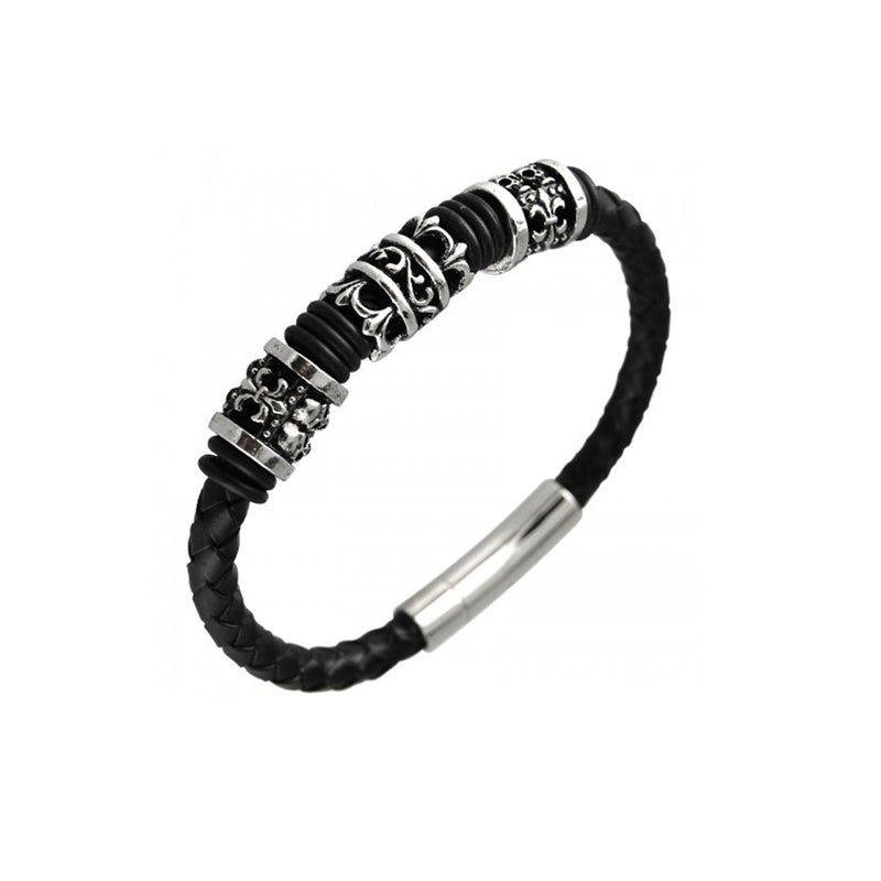 Skulls & Fleur De Lis Steel Charms Braided Leather Bracelet