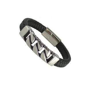 Black Stainless Steel Cuban Link Thick Leather Bracelet With Magnetic Clasp