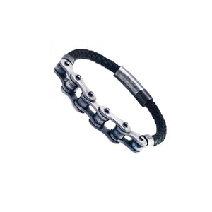 Gun Metal Bike Chain Black Braided Leather Letter Bracelet
