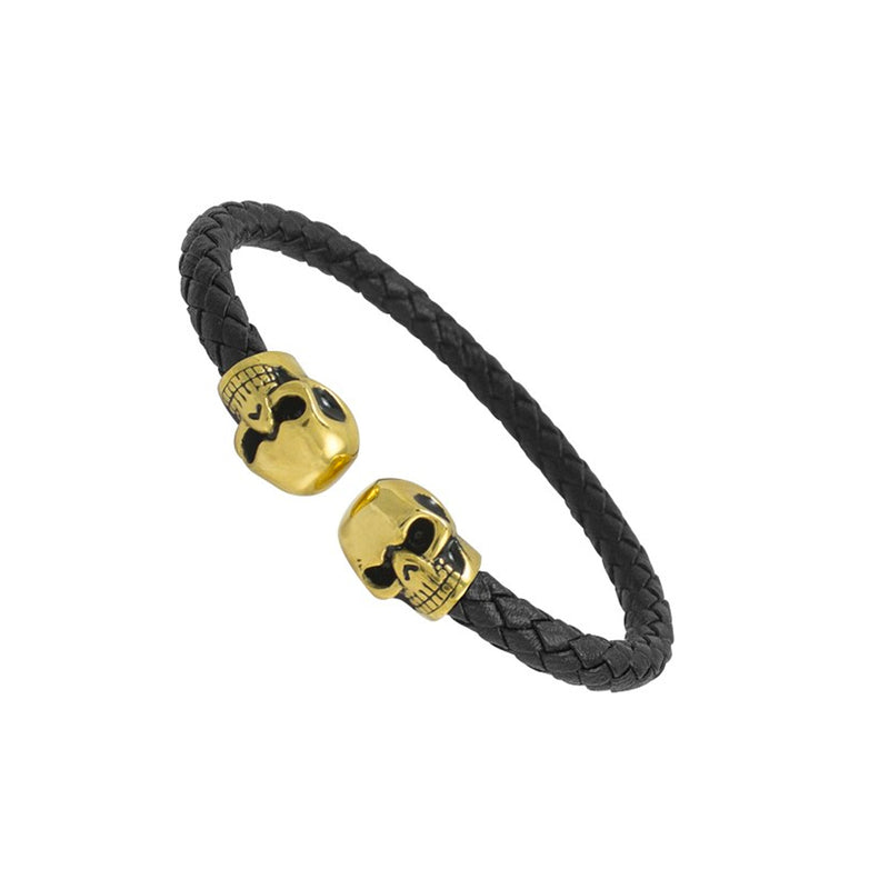 Gold Skull Black Leather Bracelet