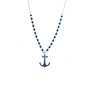 Stainless Steel Silver & Black Beaded Anchor Necklace