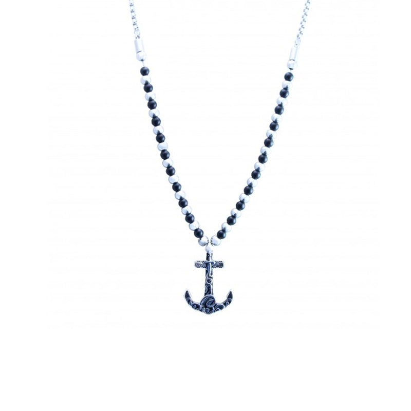Stainless Steel Silver & Black Beaded Anchor Necklace