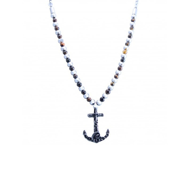 Stainless Steel Chain with Silver and Tiger Eye Beads and Anchor Emblem