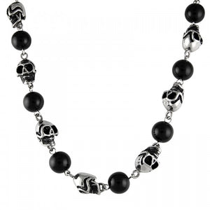 Black Onyx Bead Necklace With Stainless Steel Skulls