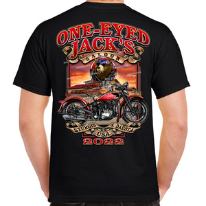 One Eyed Jack's Saloon 2022 Sturgis Motorcycle Rally Red Bike T-Shirt