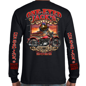 One Eyed Jack's Saloon 2022 Sturgis Motorcycle Rally Red Bike Long Sleeve T-Shirt