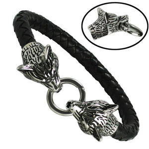 Black Braided Leather bracelet with Stainless Steel Wolf Heads