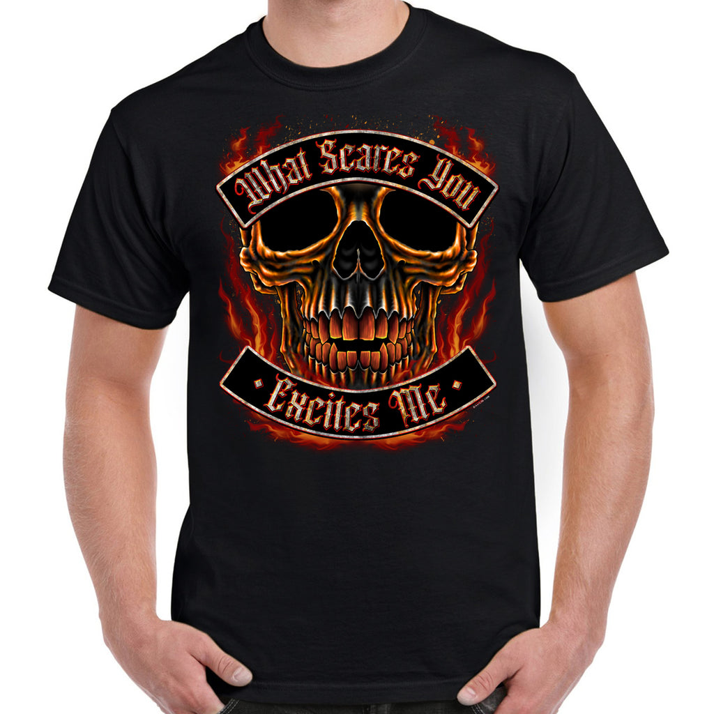 (Front Print) What Scares You Excites Me Flame Skull T-Shirt