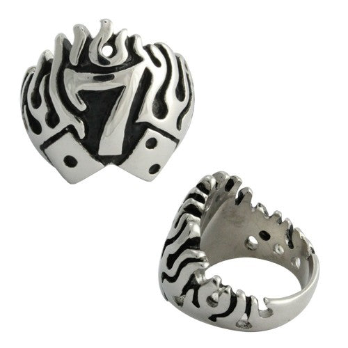 Lucky 7 Dice Flame Stainless Steel Biker Ring