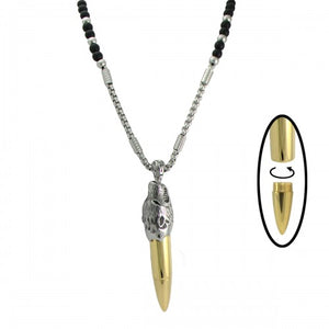 Stainless Steel and Black Beaded Necklace with Wolf Bullet Ash Carrier