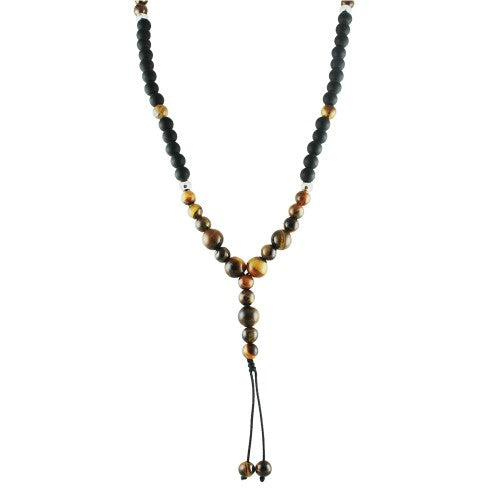 Tiger Eye & Black Stainless Steel Detail Long Beaded Necklace