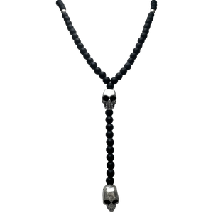 Black & Steel Beads Necklace with Stainless Steel Skulls