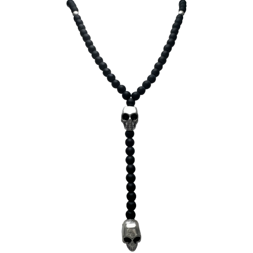 Black & Steel Beads Necklace with Stainless Steel Skulls