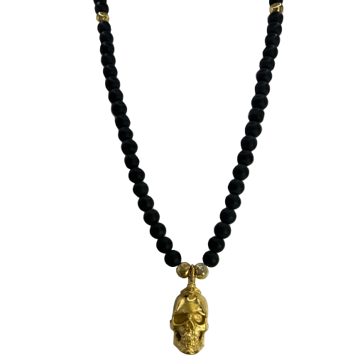 Black & Gold Beads Necklace with Stainless Steel Gold PVD Skull Pendant