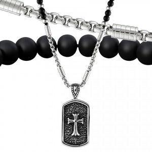 Beaded Necklace With Stainless Steel Chain & Dog Tag Cross Pendant