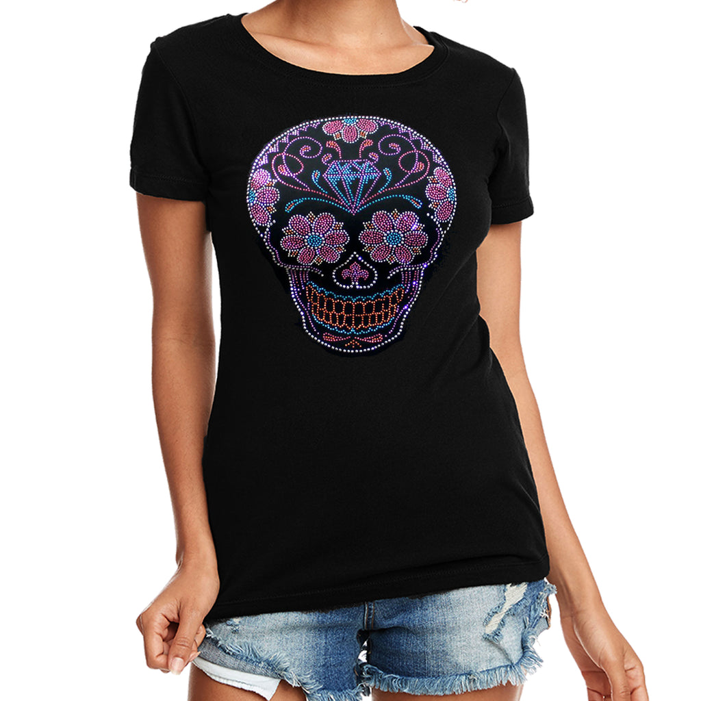 Ladies Sugar Skull Rhinestone Crew Neck T-Shirt
