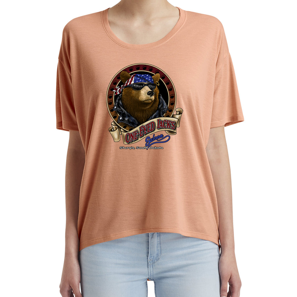 Ladies One Eyed Jack's Saloon Front Printed Cool Bear Freedom T-Shirt